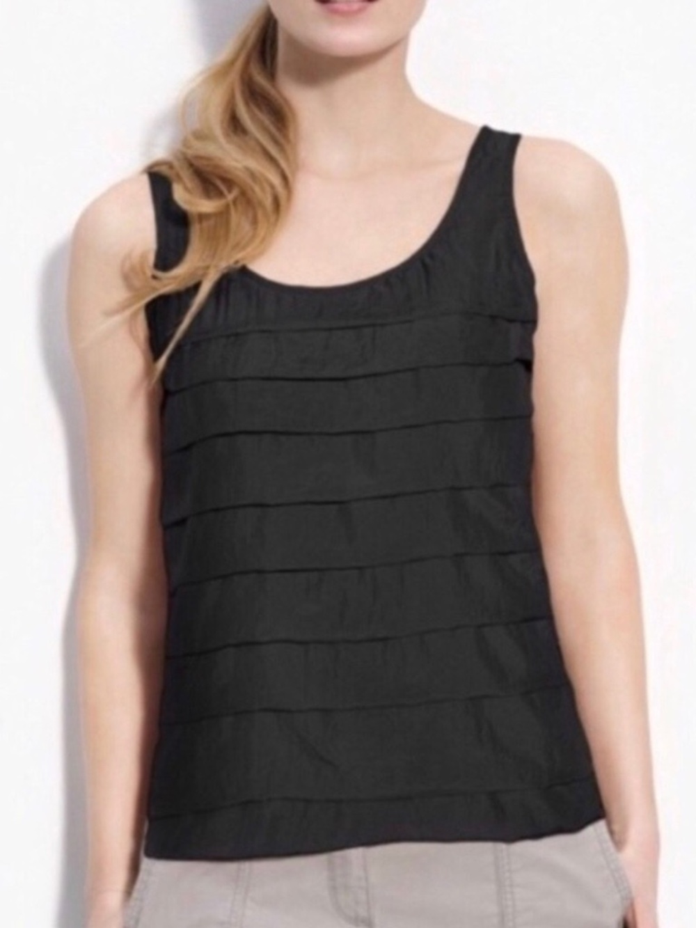 Eileen Fisher 100% Silk Habutai Layered Sleeveless Top L Black Whisper-Weight